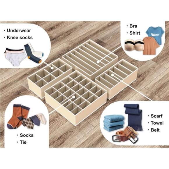 Drawer Organizer Set Closet Dividers Underwear Socks Bras Foldable Beige - Picture 4 of 8